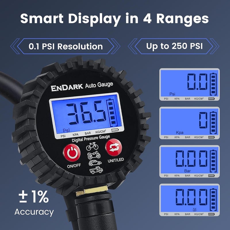 ENDARK Digital Tire Pressure Gauge with Inflator: 250 PSI Air Compressor Attachment Inflation Gun with Heavy Duty 360° Air Chuck & Extended Hose and Quick Connect Coupler with Carrying Case - Image 5